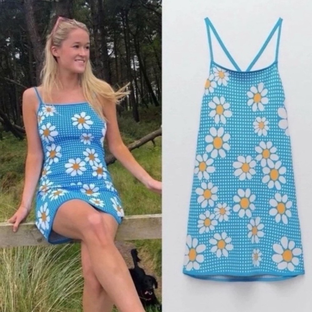Zara Blue Gingham Daisy Floral Knit Mini Dress Open Back Size Small - Picture 15 of 15